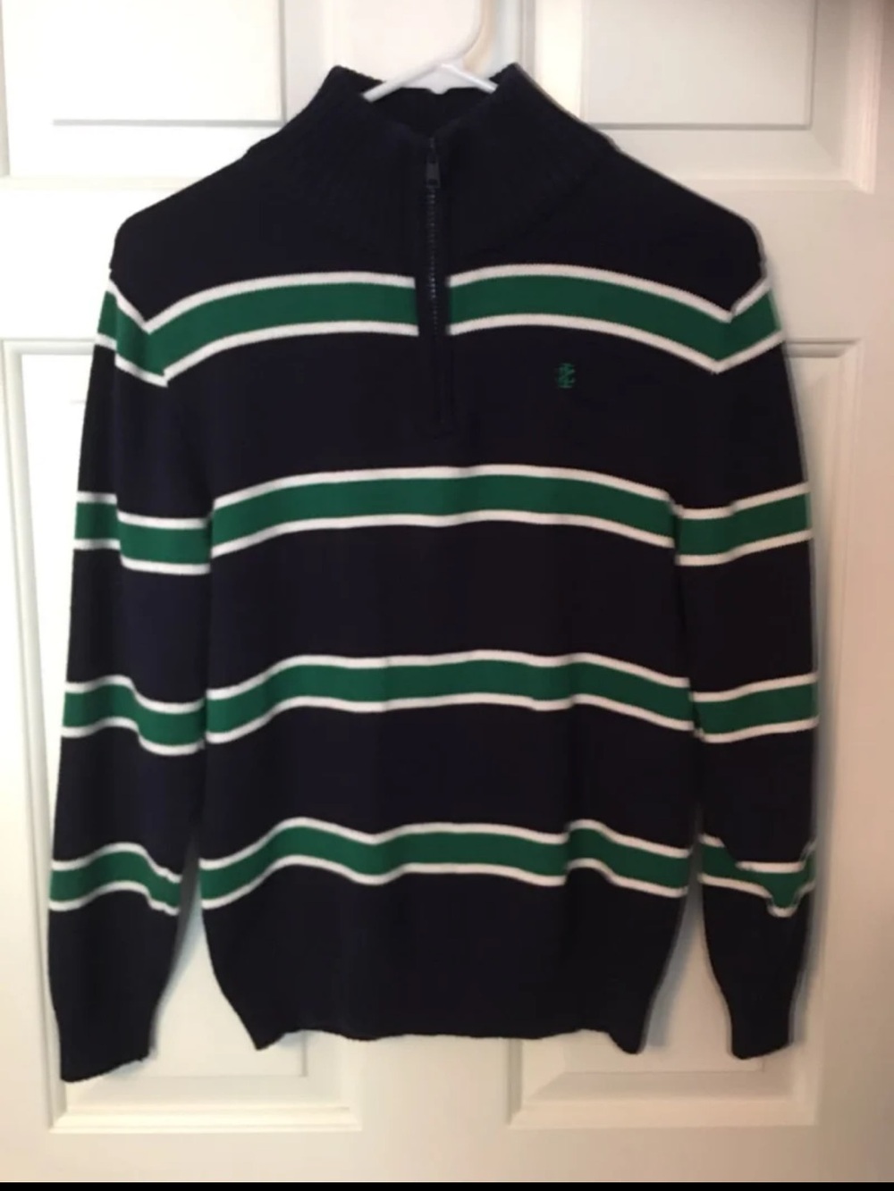 Izod Teens Long Sleeved Green/Blue 1/4 Zip Sweater L (14-16) Mock Neck Preppy